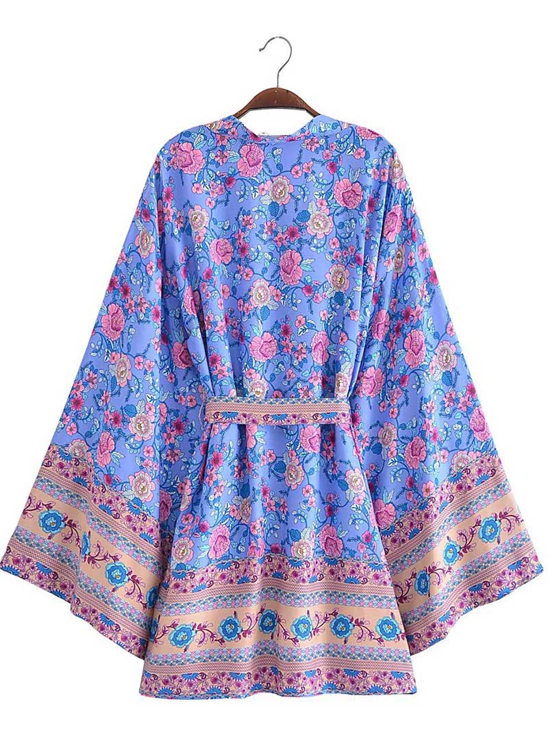 Short Floral Print Purple, Green, & Beige Cotton Short Length Gown Kimono Duster Robe - Image 4