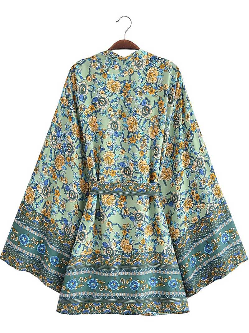 Short Floral Print Purple, Green, & Beige Cotton Short Length Gown Kimono Duster Robe - Image 5