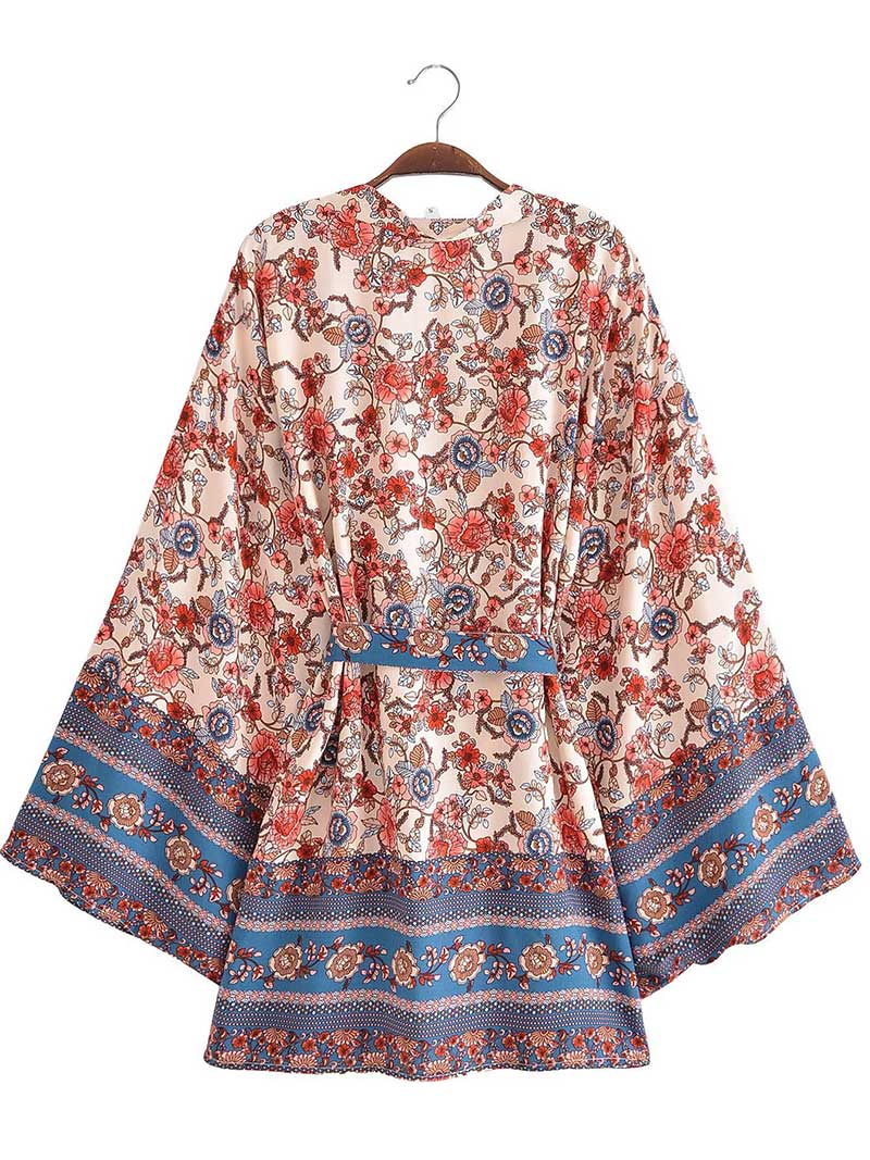 Short Floral Print Purple, Green, & Beige Cotton Short Length Gown Kimono Duster Robe - Image 6