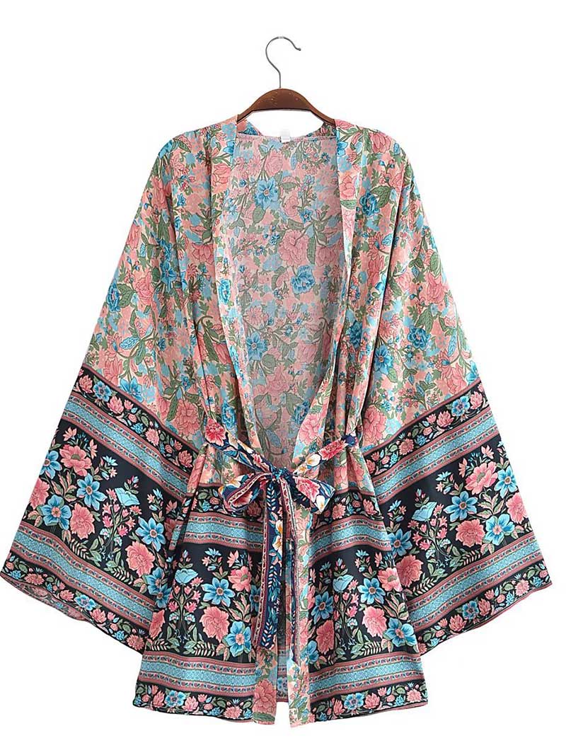 Short Kimono With Floral Print Blue, Pink, & White Color Gown Kimono Robe - Image 2