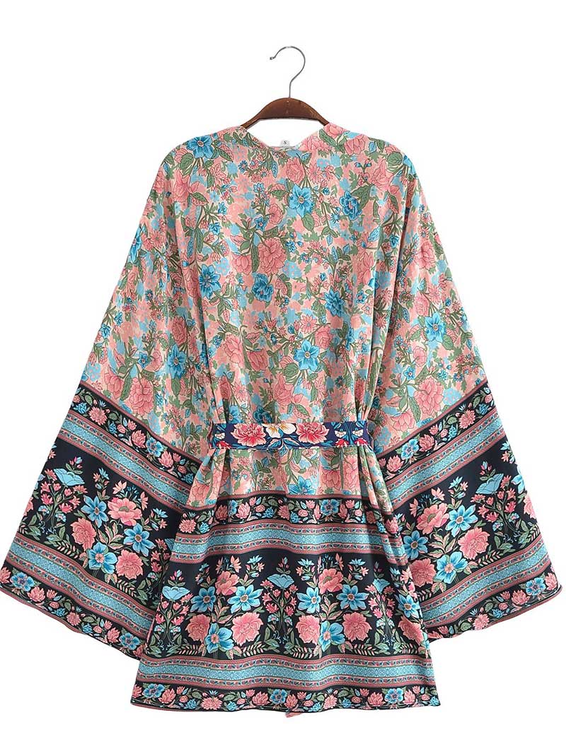 Short Kimono With Floral Print Blue, Pink, & White Color Gown Kimono Robe - Image 5