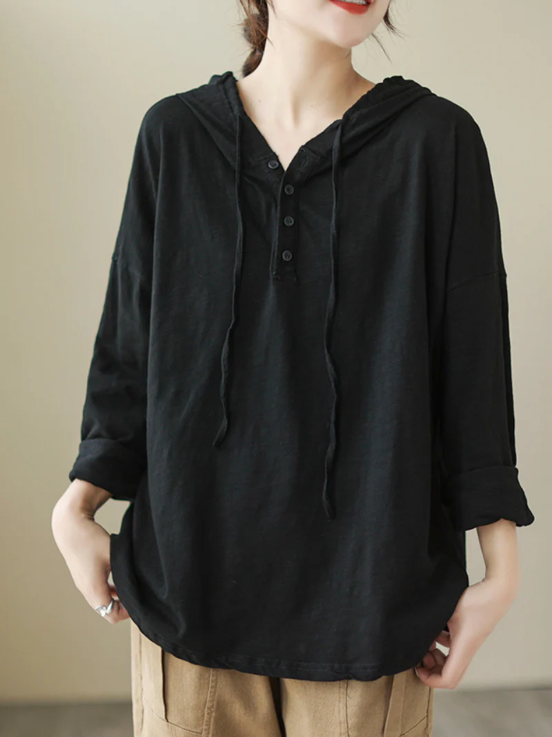 Solid Color Loose Large Size Long-Sleeved T-shirt Casual Hooded T-shirt Top - Image 4