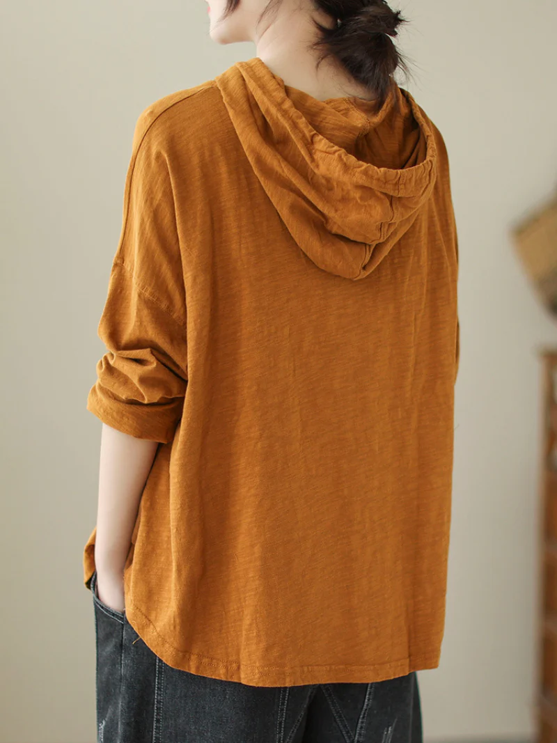 Solid Color Loose Large Size Long-Sleeved T-shirt Casual Hooded T-shirt Top - Image 5