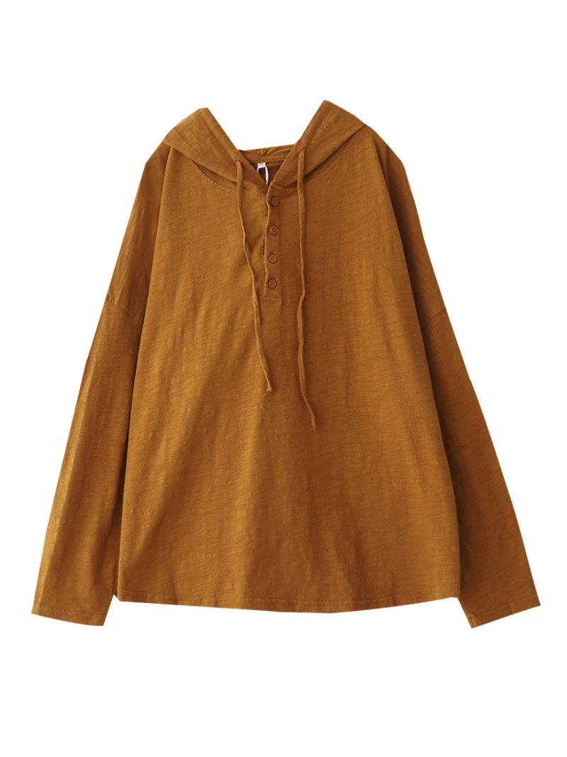 Solid Color Loose Large Size Long-Sleeved T-shirt Casual Hooded T-shirt Top - Image 6