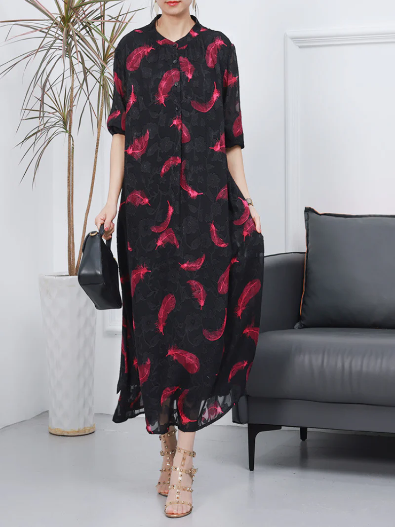 Women Large Size Loose Long Sleeves A-Line Dress - Image 3