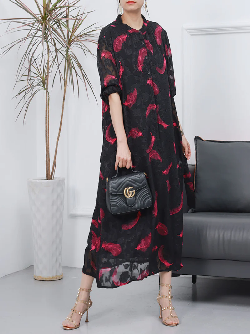 Women Large Size Loose Long Sleeves A-Line Dress - Image 9