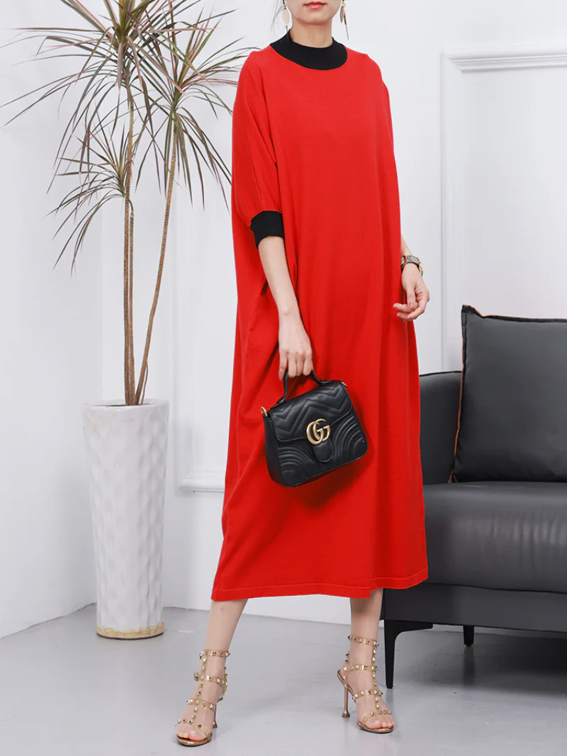 Women Spring Vintage Solid Color Knitted Short-Sleeved Midi Dress - Image 2