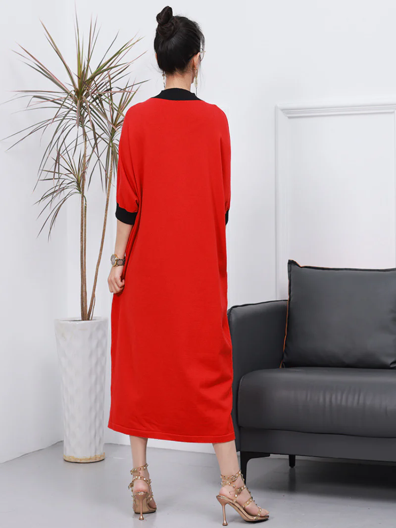 Women Spring Vintage Solid Color Knitted Short-Sleeved Midi Dress - Image 3