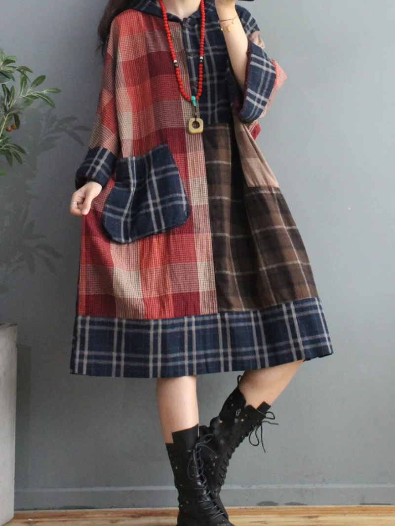 Plaid Cotton Loose Large Pockets Hooded Dress - Image 2