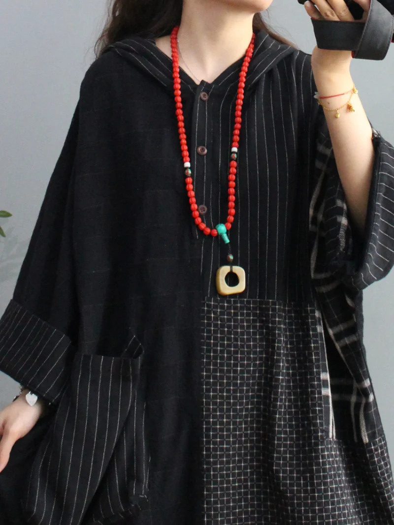 Plaid Cotton Loose Large Pockets Hooded Dress - Image 3