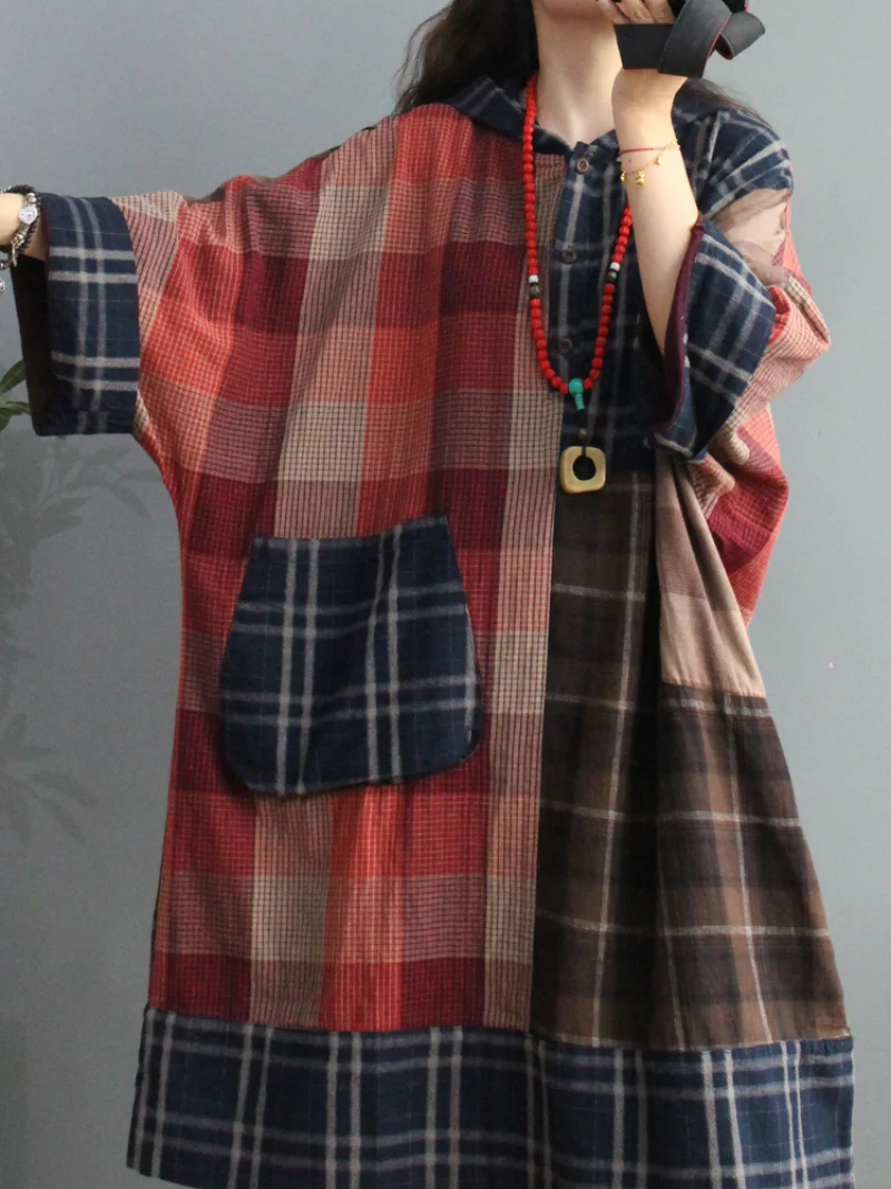 Plaid Cotton Loose Large Pockets Hooded Dress - Image 4