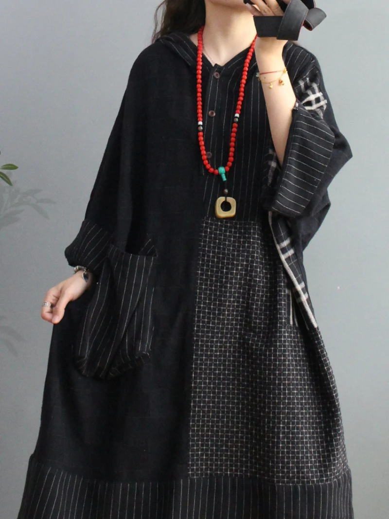 Plaid Cotton Loose Large Pockets Hooded Dress - Image 5