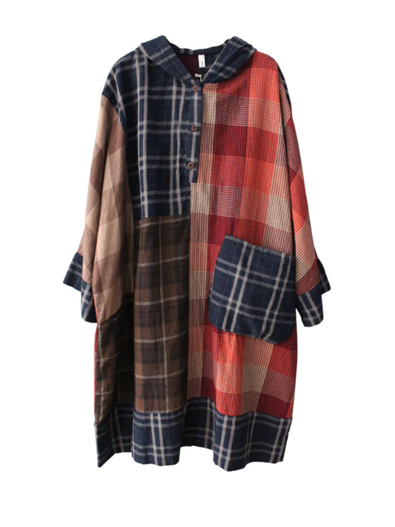 Plaid Cotton Loose Large Pockets Hooded Dress - Image 6