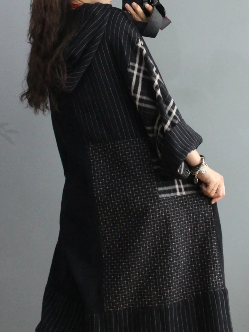 Plaid Cotton Loose Large Pockets Hooded Dress - Image 7