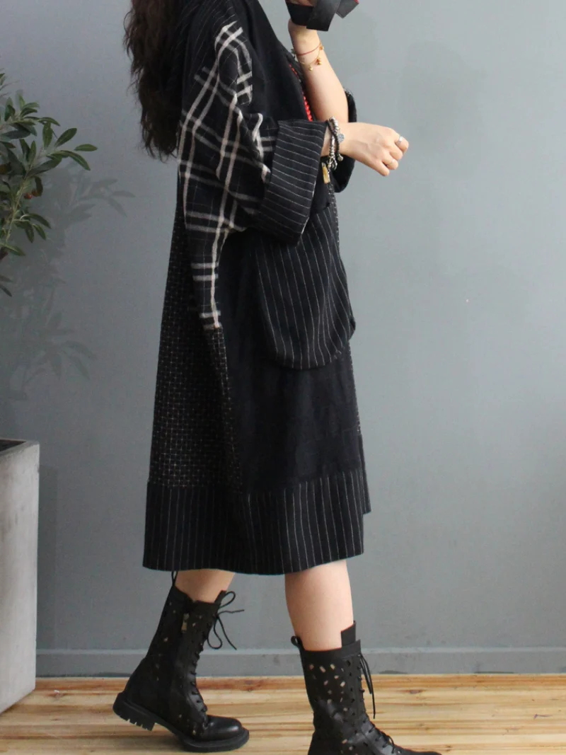Plaid Cotton Loose Large Pockets Hooded Dress - Image 8