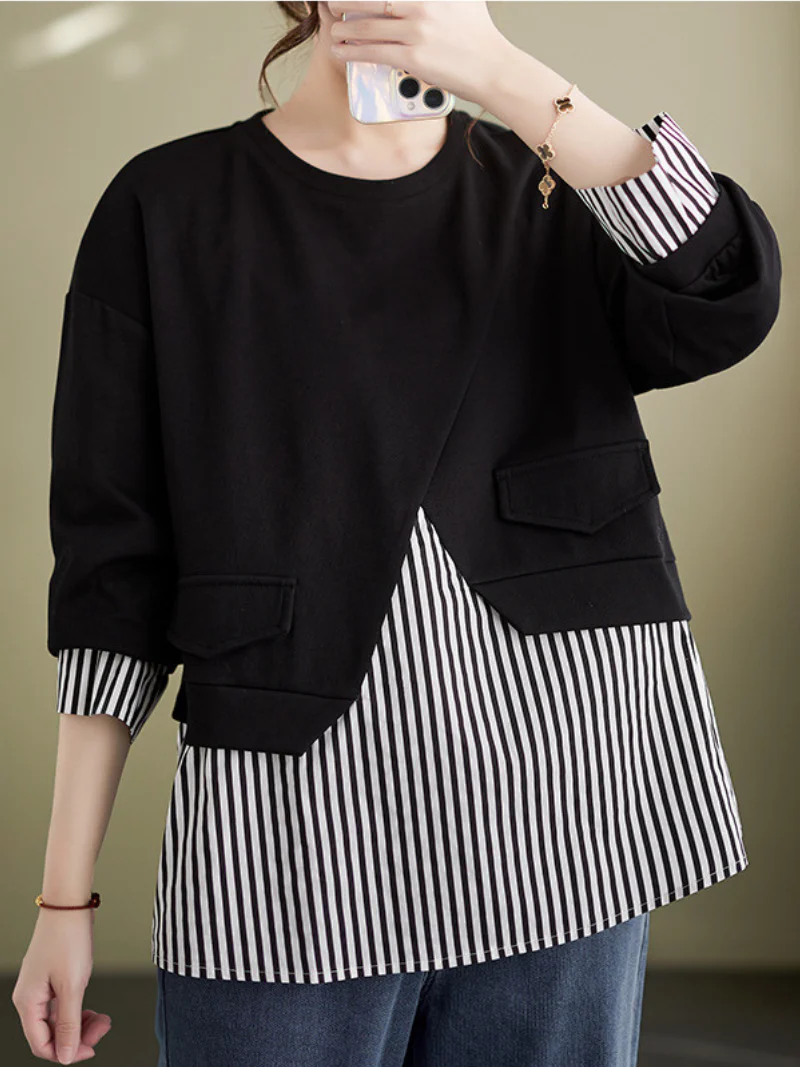 Striped Splicing Fake Two Piece Plus-Size Sweater Top - Image 2