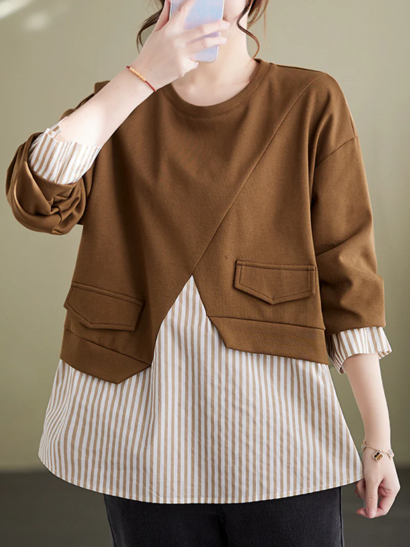 Striped Splicing Fake Two Piece Plus-Size Sweater Top - Image 3