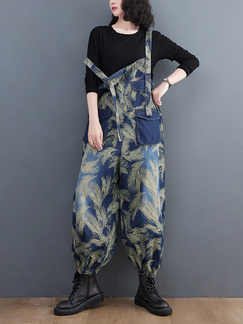 Striped Print Denim Middle Waist Romper - Image 3