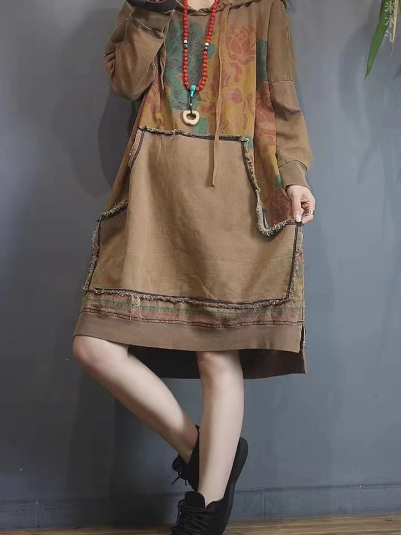 contrast color denim loose large size midi length hoodie - Image 2