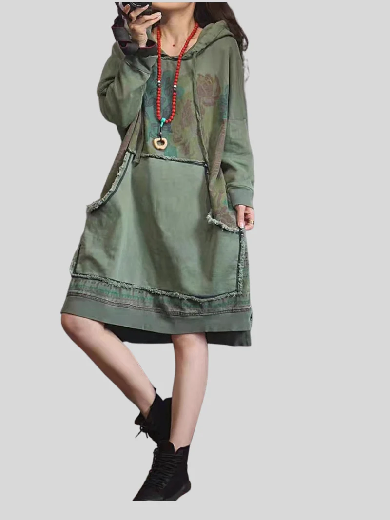 contrast color denim loose large size midi length hoodie - Image 4