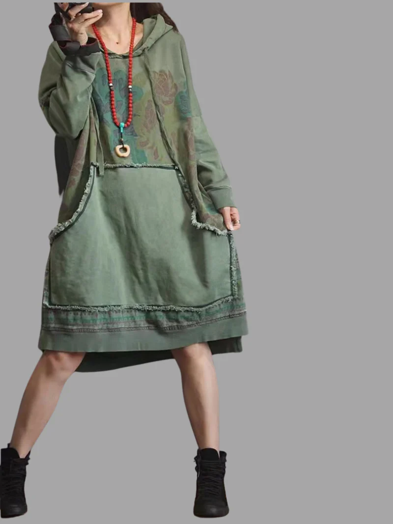 contrast color denim loose large size midi length hoodie - Image 5