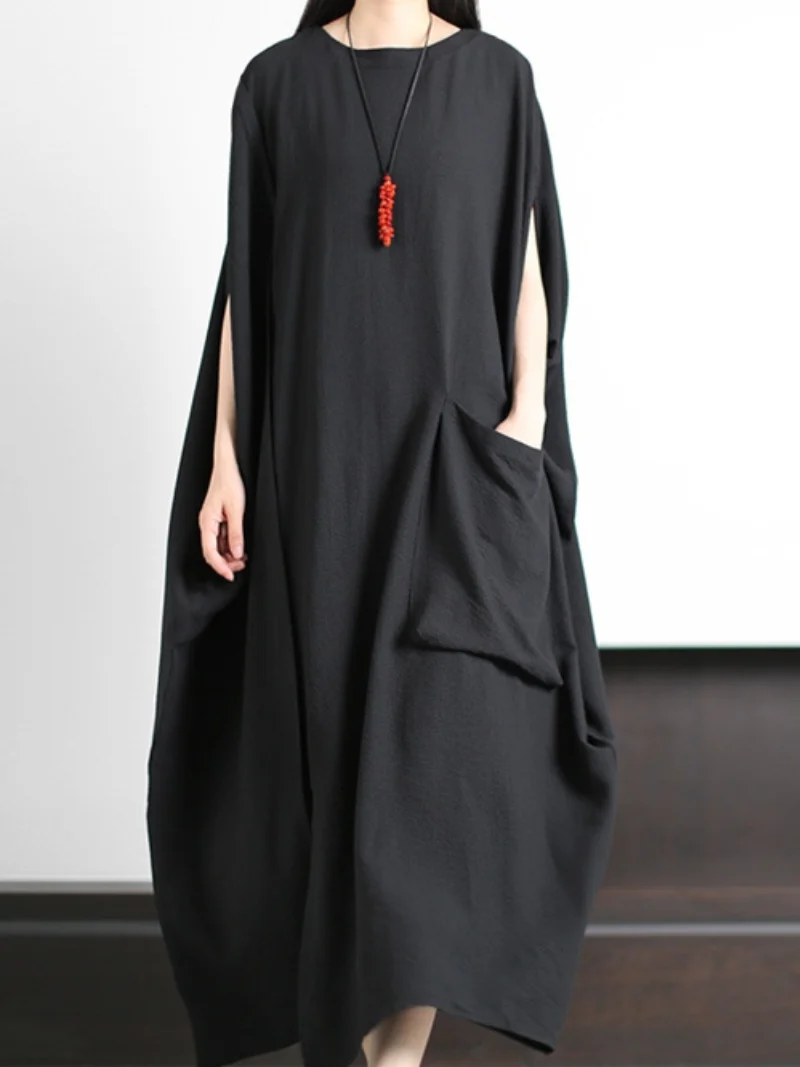 large size Kaftan dress lazy solid color summer dress with pocket - Image 3