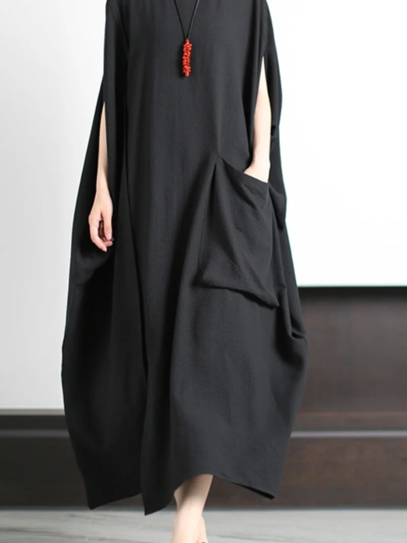 large size Kaftan dress lazy solid color summer dress with pocket - Image 4