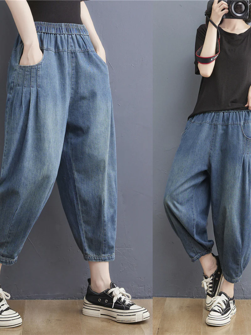 summer elastic  waist thin loose denim casual pants - Image 2