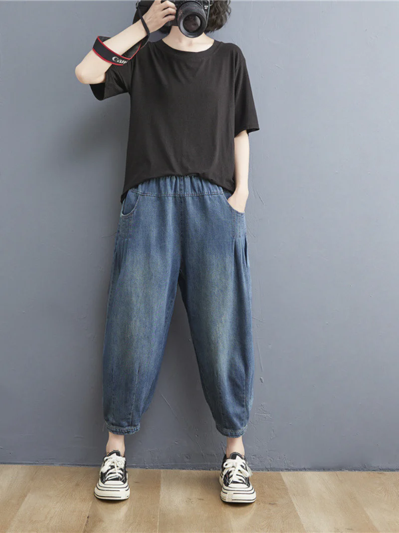 summer elastic  waist thin loose denim casual pants - Image 3