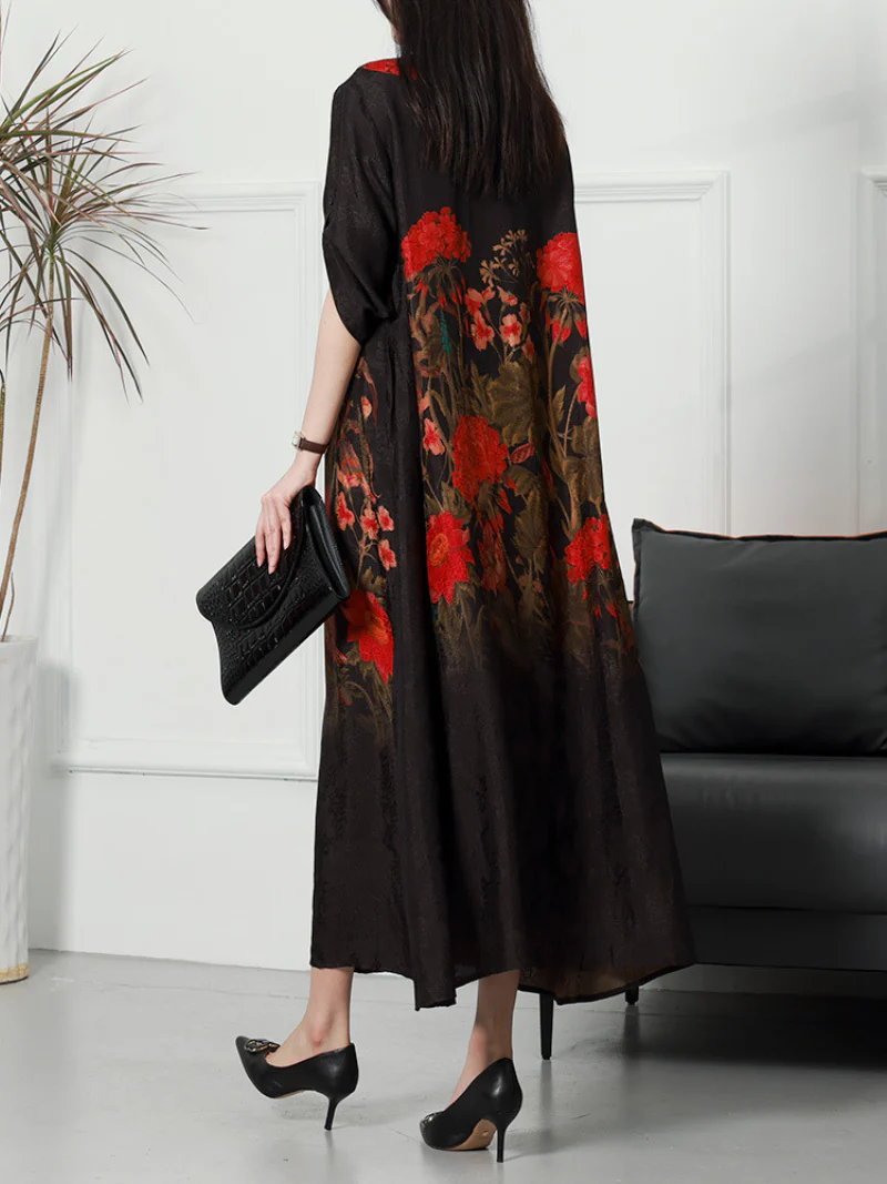 Summer Rayon Round Neck Flowers Print Loose Midi-Dress - Image 2