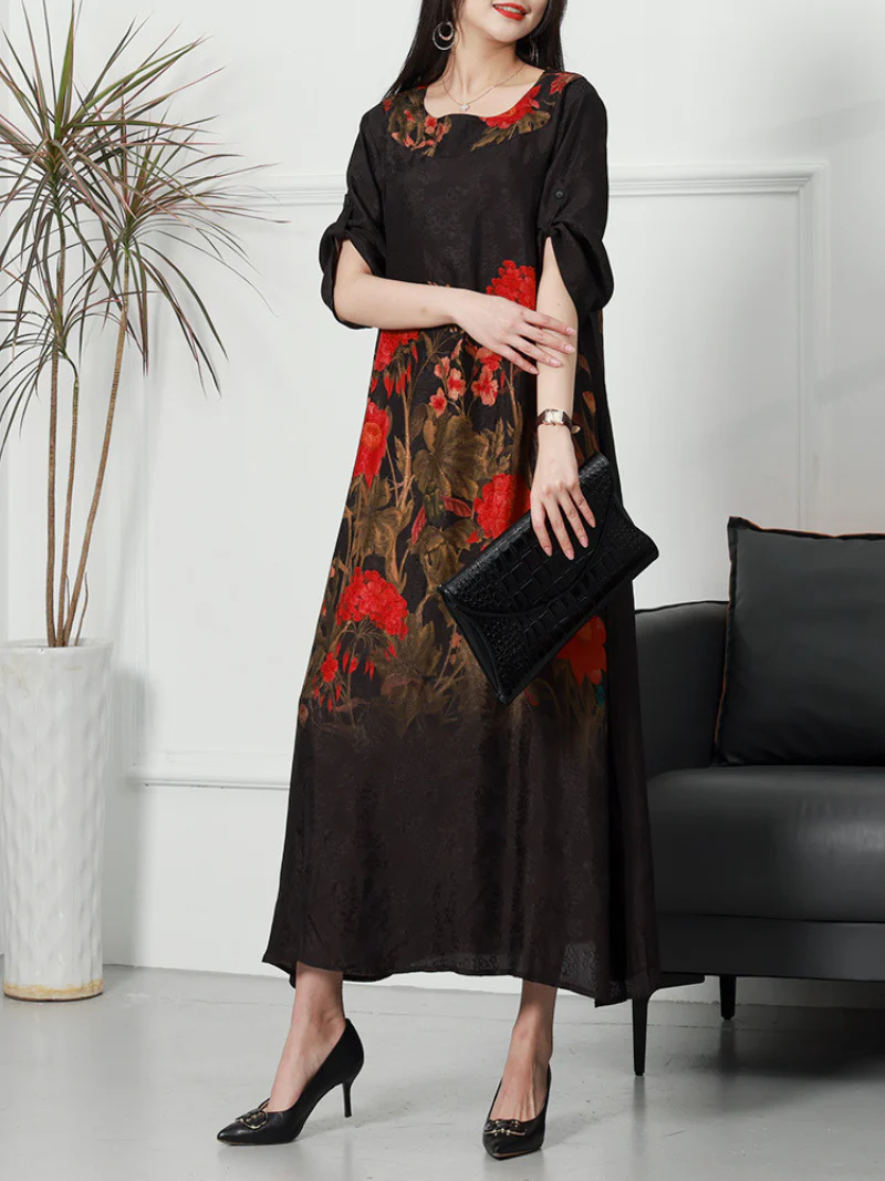 Summer Rayon Round Neck Flowers Print Loose Midi-Dress - Image 5