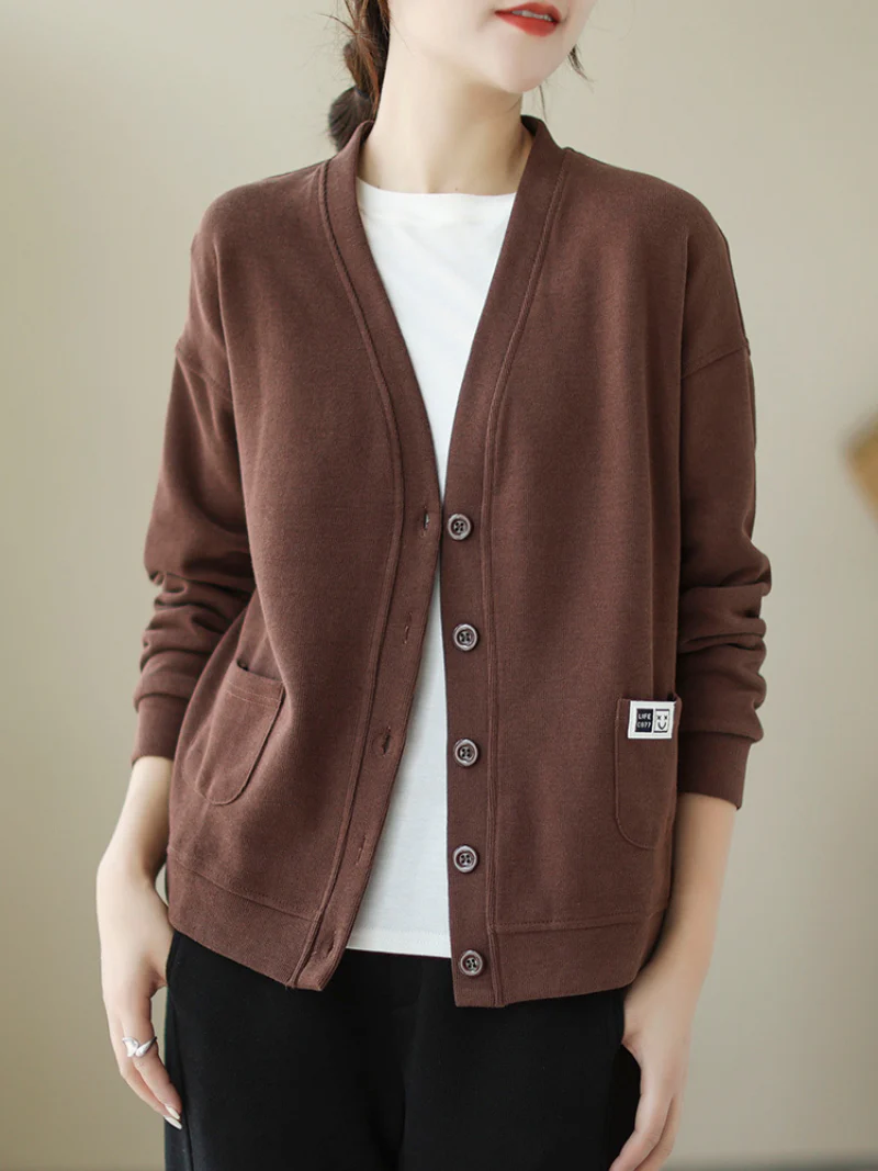 V-Neck Long-Sleeved Sweater Top Loose Solid Color Cardigan Button Sweater Jacket - Image 2