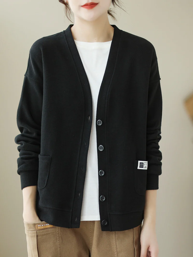 V-Neck Long-Sleeved Sweater Top Loose Solid Color Cardigan Button Sweater Jacket - Image 3