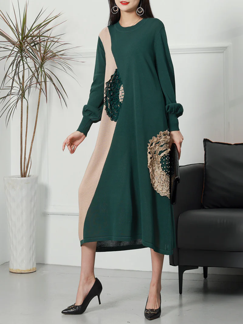 Casual Vintage Party Wear Round Neck knitted Midi-Dress - Image 3