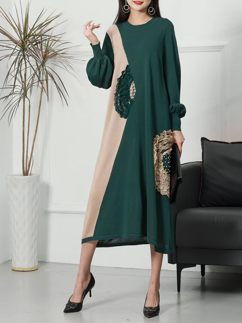 Casual Vintage Party Wear Round Neck knitted Midi-Dress - Image 7