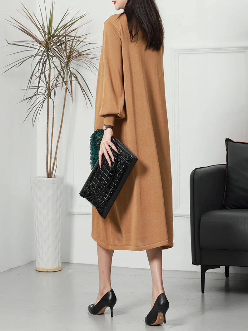 Casual Vintage Party Wear Round Neck knitted Midi-Dress - Image 9