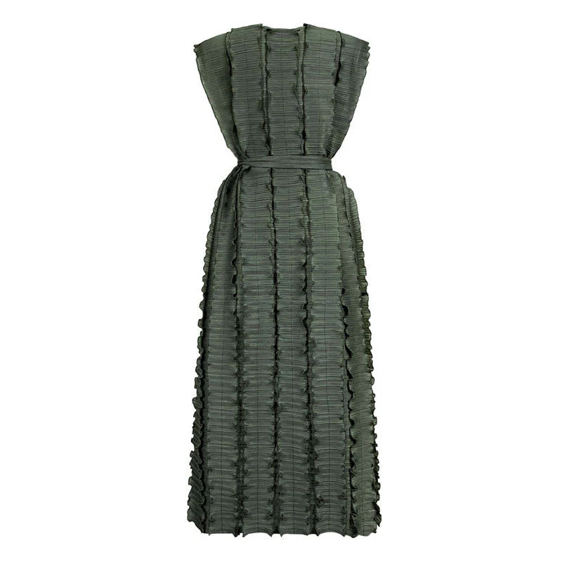 Wonderful Round Neck Beaded Detail Belted Ruffled Sleeveless Pleated Midi Dress - Image 3