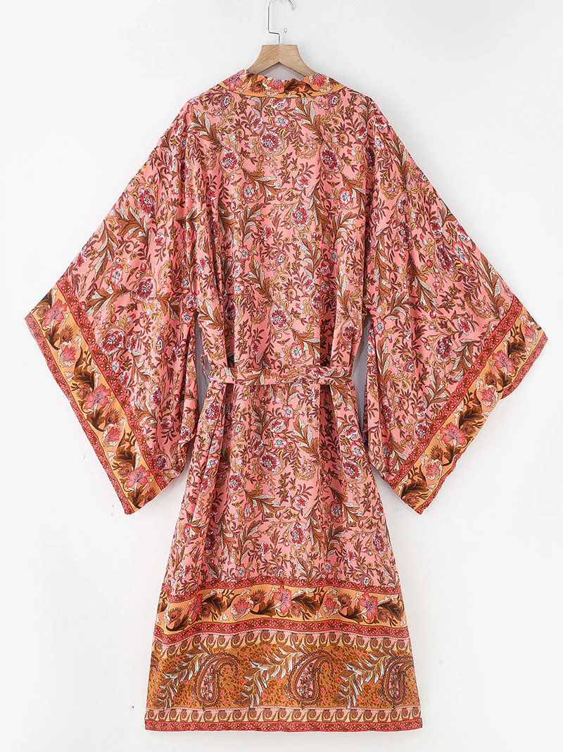 Partywear Floral Print Pink Color Cotton Long Length Gown Kimono Duster Robe - Image 2