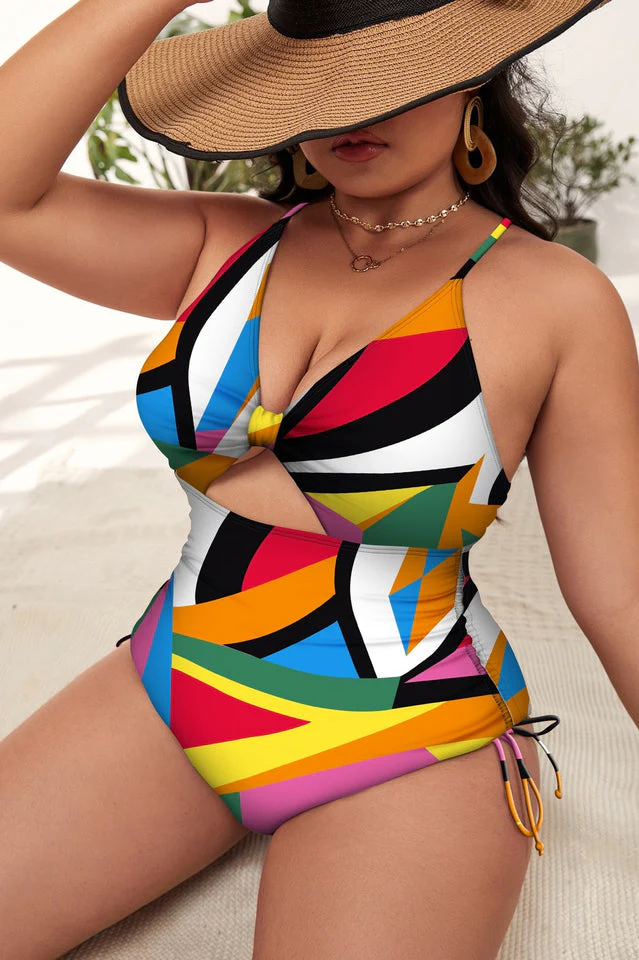(XL-4XL) Floral Print Cutout One Piece Swimsuit - Image 6