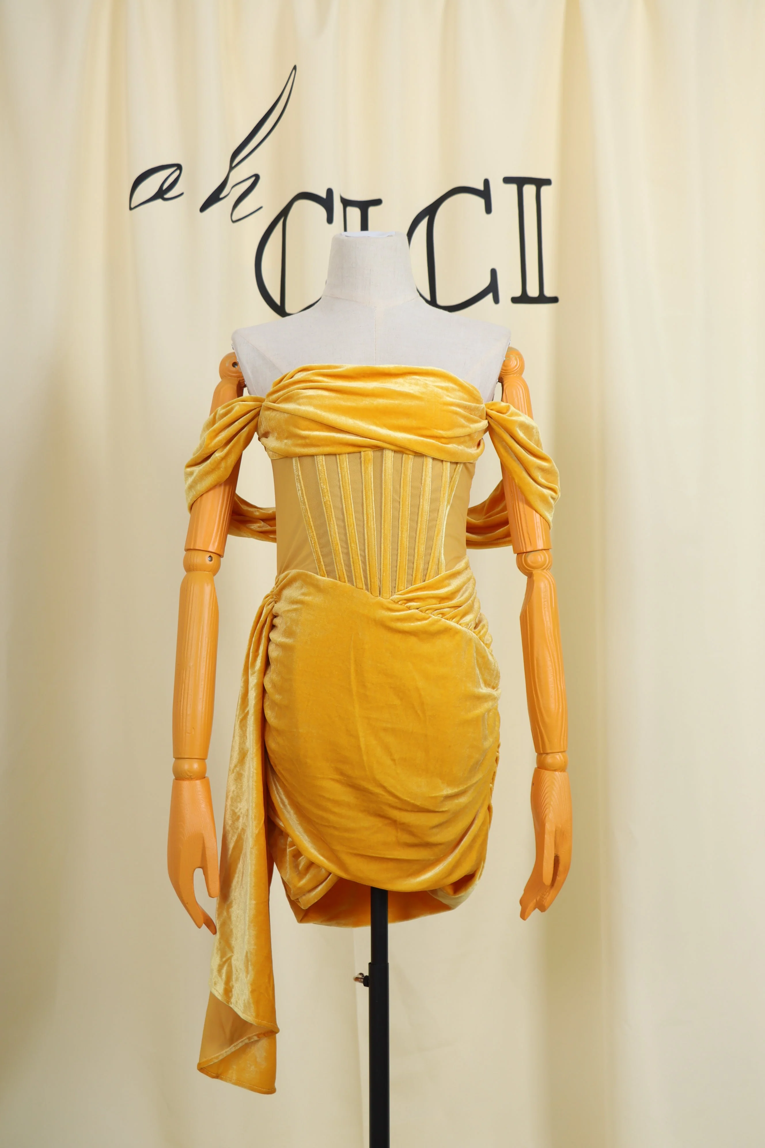Yellow DRAPinG Off Shoulder Corset Dress - Image 4