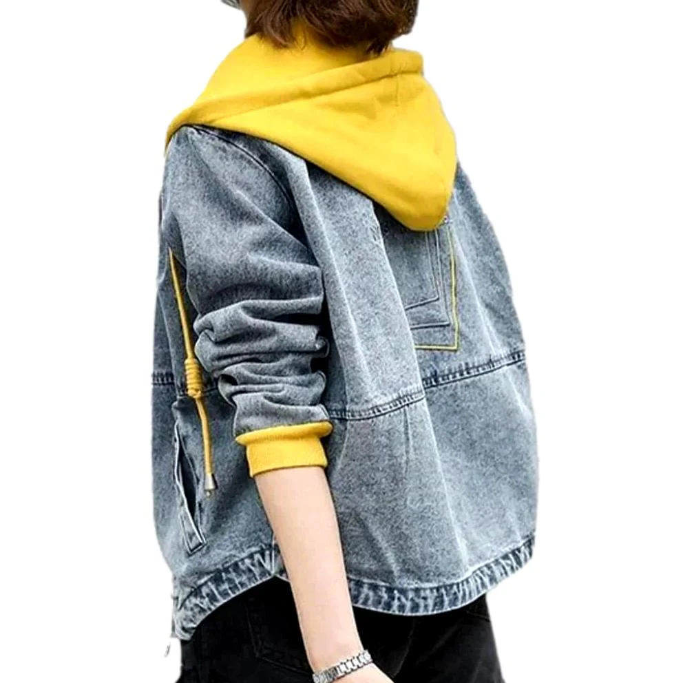 Yellow hoody embroidered denim jacket - Image 2