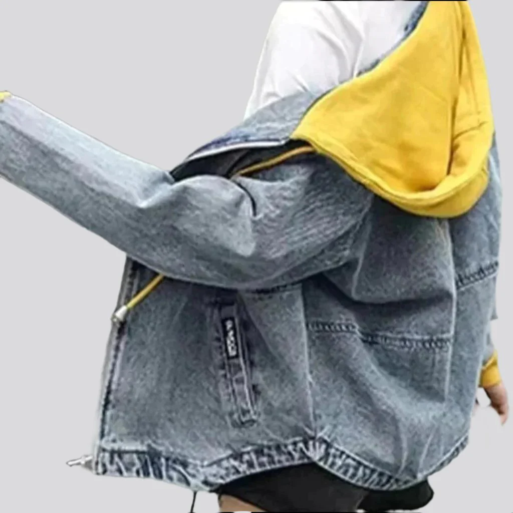Yellow hoody embroidered denim jacket - Image 3