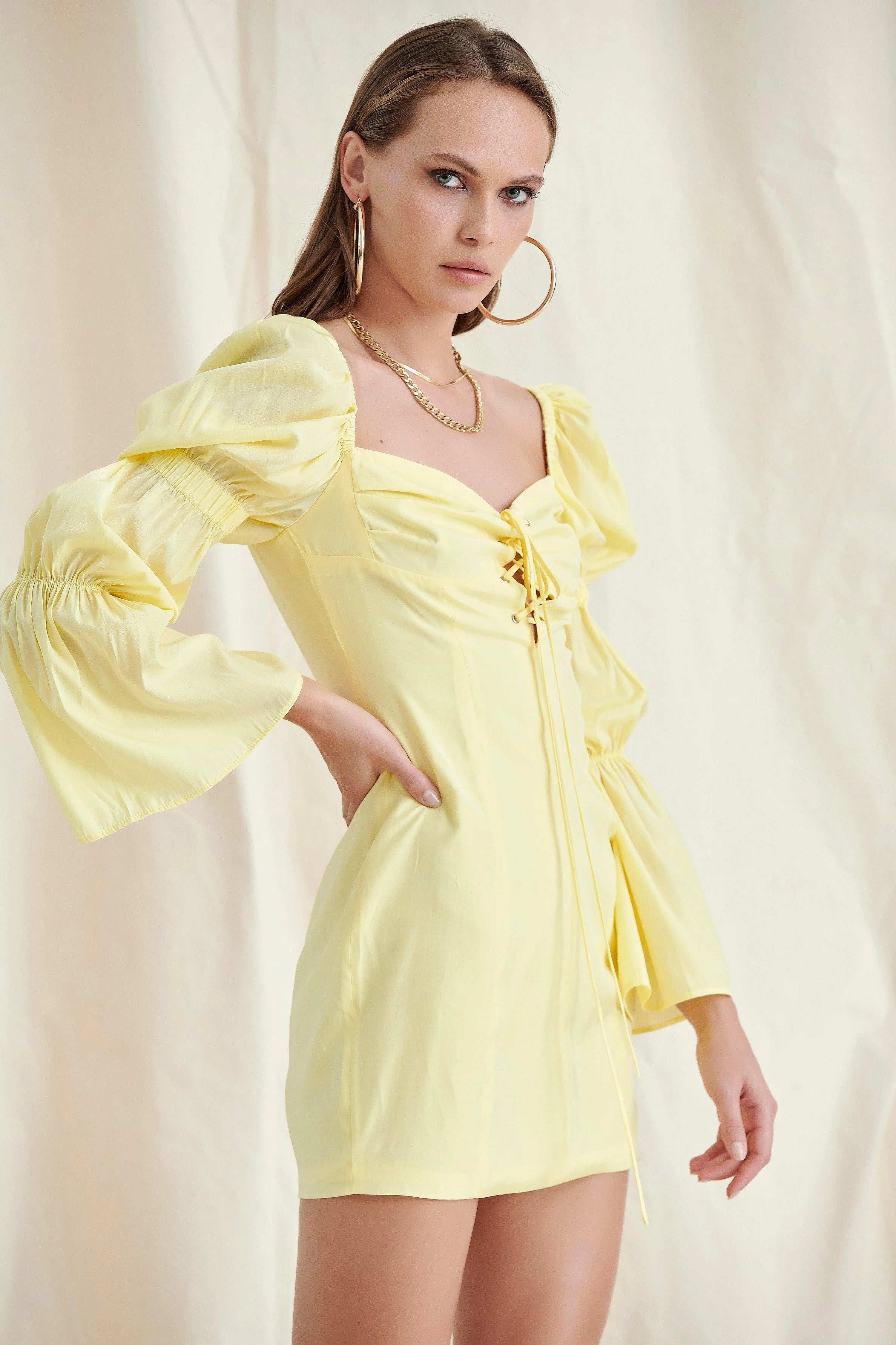 Yellow Lace UP Puff Sleeve Mini Dress - Image 3