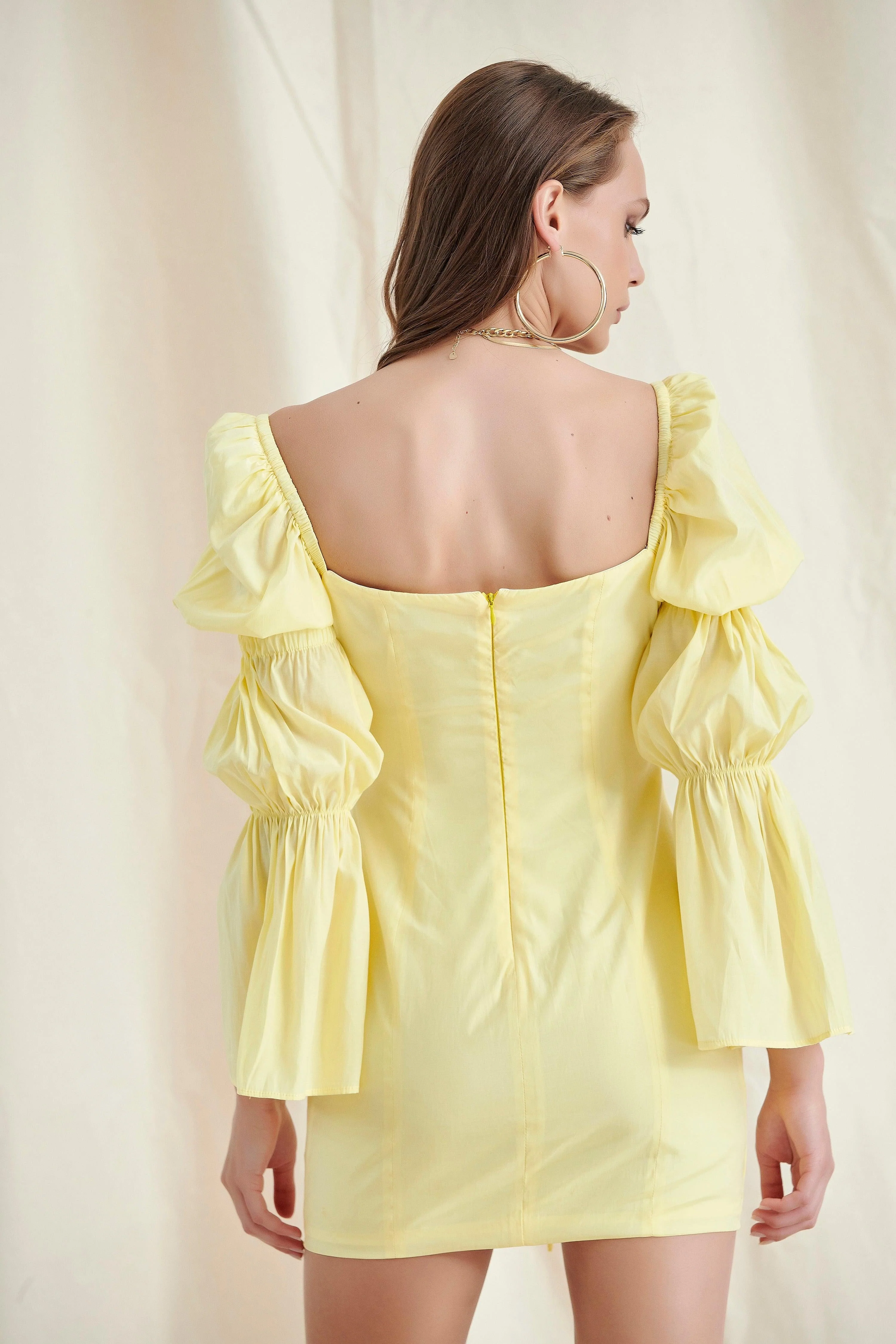 Yellow Lace UP Puff Sleeve Mini Dress - Image 4