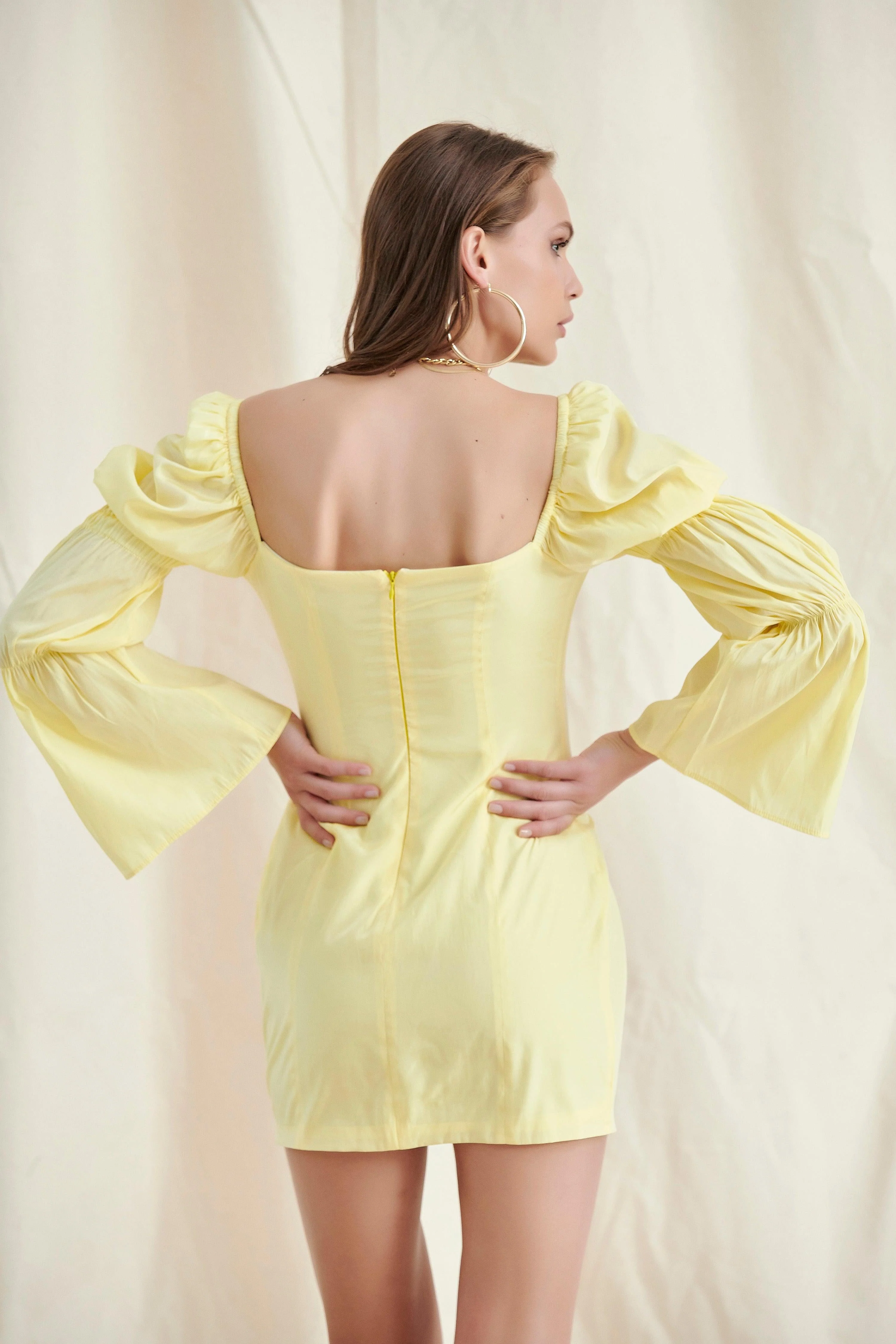 Yellow Lace UP Puff Sleeve Mini Dress - Image 5
