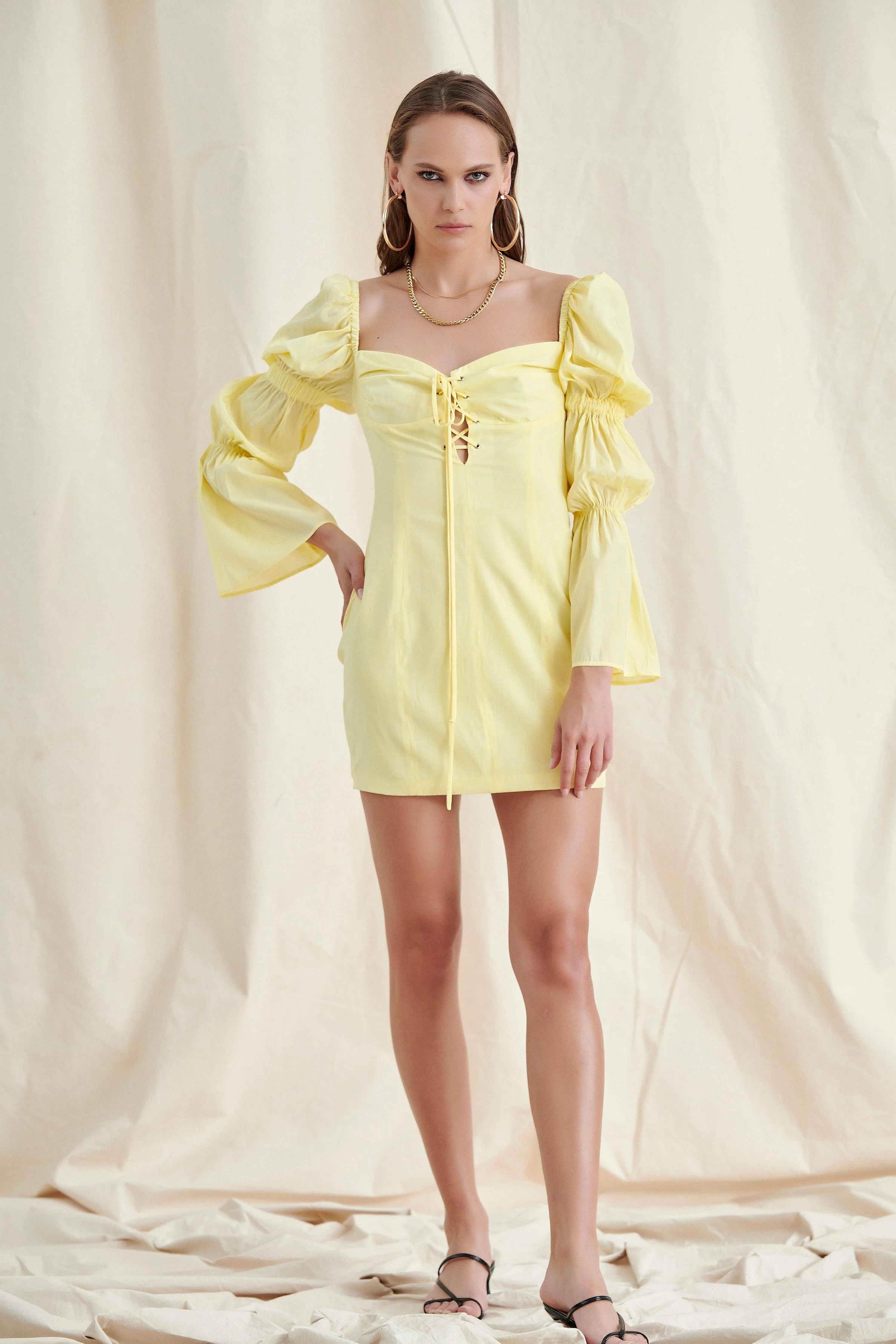 Yellow Lace UP Puff Sleeve Mini Dress - Image 8