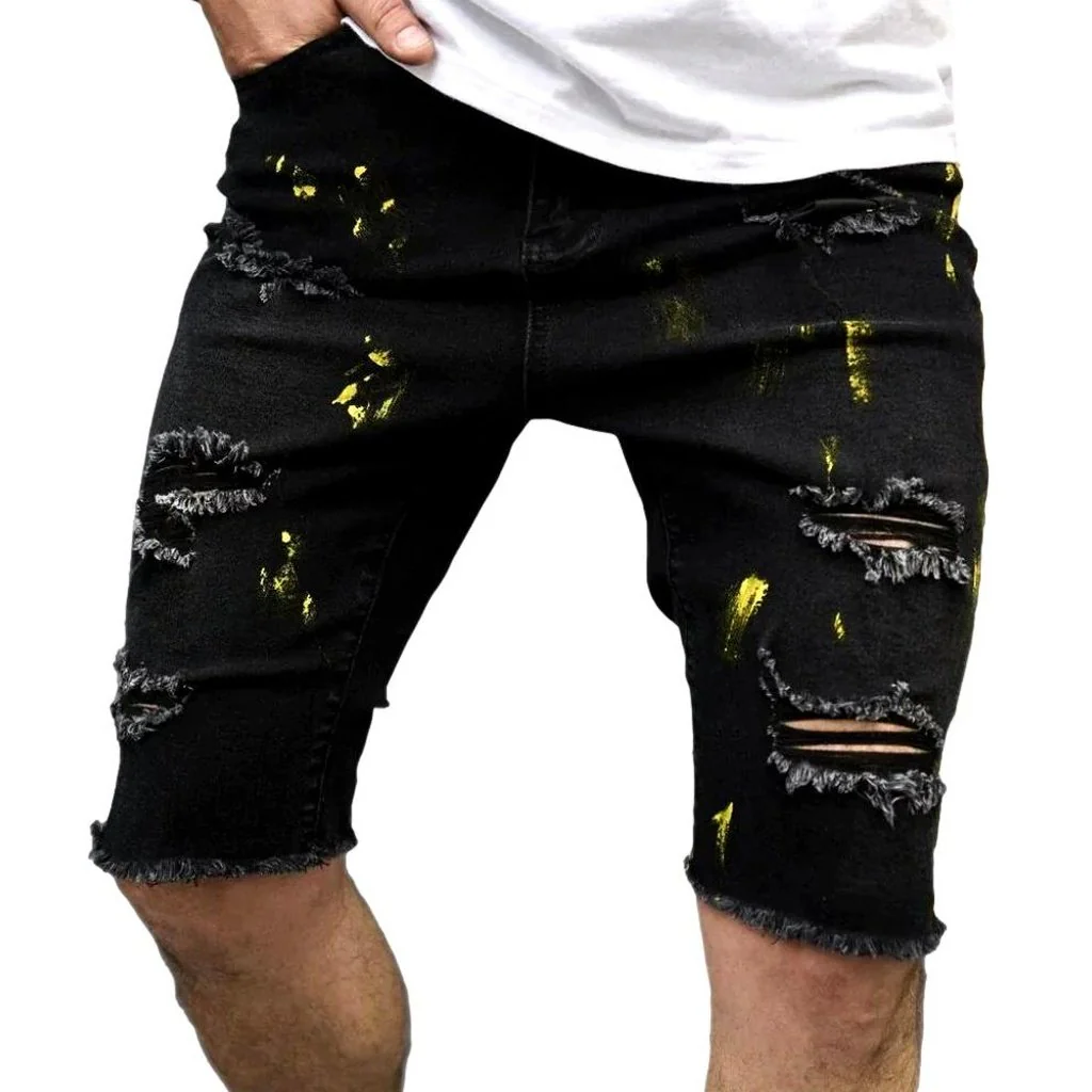 Yellow-painted distressed denim shorts - Image 2