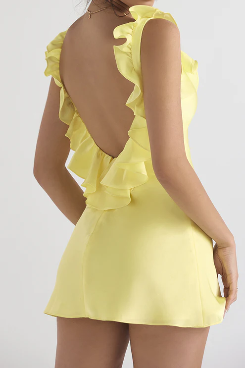 Yellow Silk Satin Ruffle Mini Dress - Image 8
