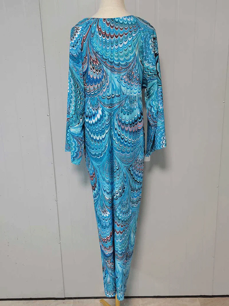 Printed Blue Color Polyester Long Length Gown Kimono Duster Robe - Image 2