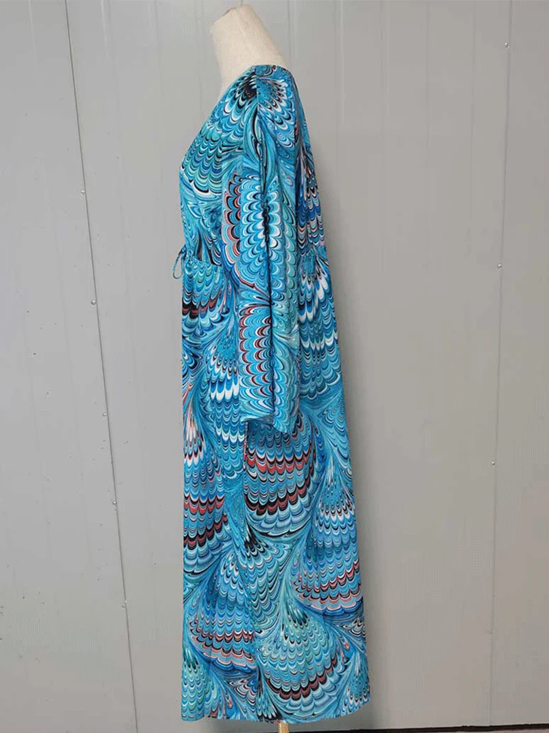 Printed Blue Color Polyester Long Length Gown Kimono Duster Robe - Image 3